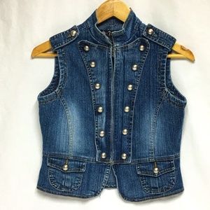 VINTAGE 579 Junior’s Small Blue Denim Military Style Vest w/Pockets
